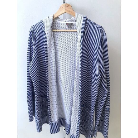 T by TALBOTS Open Front Striped Hooded Cardigan Roll Tab Sleeve Blue White 0X - Picture 1 of 6
